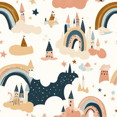 A dreamy unicorn and rainbow pattern with twinkling stars, pastel-colored clouds, and floating castles