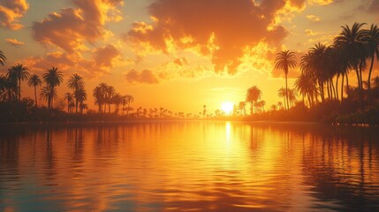 Vibrant sunset over calm water, silhouetted palm trees on shore.