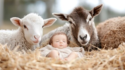 Fototapeta premium Baby sleeping peacefully with sheep, hay, outdoors. Christmas card