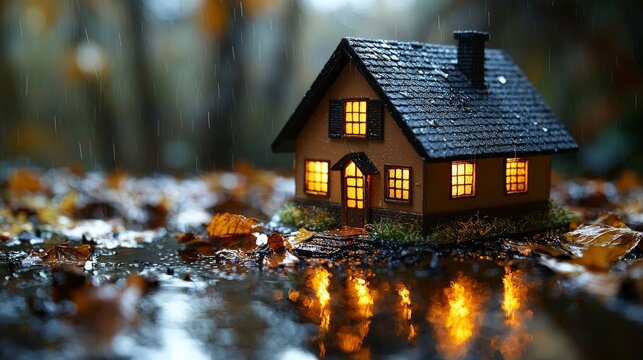 A charming house with illuminated windows stands amidst rainfall and scattered autumn leaves, inviting the viewer to imagine warmth and protection from the elements.