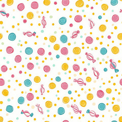 A candy-themed dot pattern, where each dot looks like a tiny wrapped candy in bright pastel shades