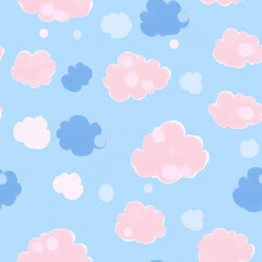 A charming pattern of fluffy cloud-like dots in pastel pink and blue, floating on a sky-blue background. A dreamy and whimsical design for children's textiles