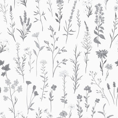 Naklejka premium vector illustration of Seamless monochrome pattern with various wildflowers and delicate plants