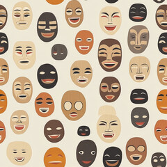 A Korean Hahoetal mask pattern, where stylized traditional wooden mask faces are arranged in a repeating playful design