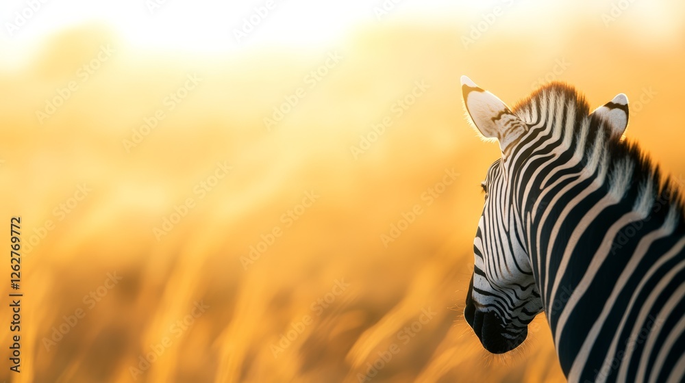 Poster back view of a zebra looking at a golden sunset in the african savanna, creating a beautiful and evo