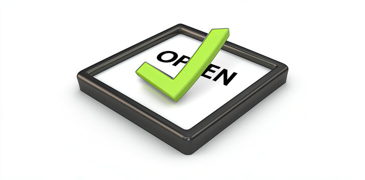 Three Dimensional Green Check Mark on a Black Square Indicating Open Status - Powered by Adobe