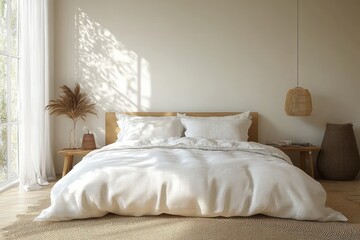 Scandinavian Style Cozy Bedroom Interior with White Bed and Natural Light