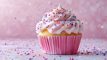 Delicious birthday cupcakes on table on light background.