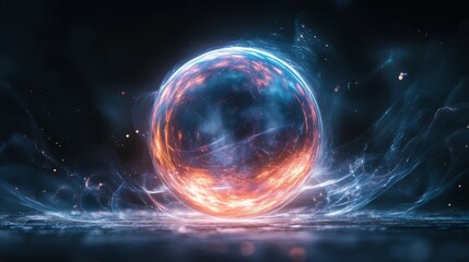 Glowing orb with blue and orange energy swirls around