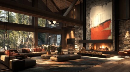 Luxurious living room features large windows and stone fireplace