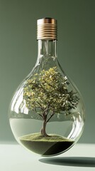 Tranquil Nature Encapsulated: Glass Bulb with Lush Tree Reflecting Serene Green Background