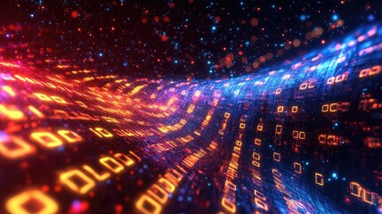 Abstract wave of binary code flowing through space