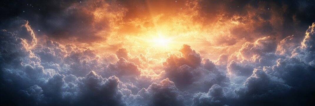 Jesus Christ Glowing In Celestial Clouds And Divine Light Ascension