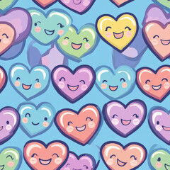 A kawaii-inspired heart pattern with smiling cartoon faces inside each heart, arranged in a fun and colorful design. Perfect for kids' apparel or stickers