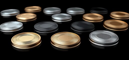 Dynamic Collection of Gold and Silver Metallic Lids on Black Background - Elegant 3D Composition