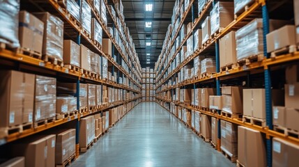 Fototapeta premium Warehouse interior with full shelves of boxes