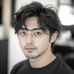 Obraz premium Photo taken at a salon, Japanese male, 35 years old, short hair, black hair, casual style, double eyelids, slim cut model, round face, straight hair