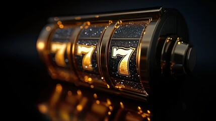 Vintage Slot Machine 3D Render in Black and Gold with Dramatic Lighting and Intricate Details