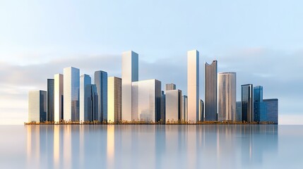 Obraz premium Modern City, financial Downtown, business centre with skyscrapers and office buildings at sunset and reflection in water