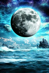 Fototapeta premium Surreal Landscape with Giant Moon Over Turquoise Sea and Dramatic Clouds Under Starry Night Sky