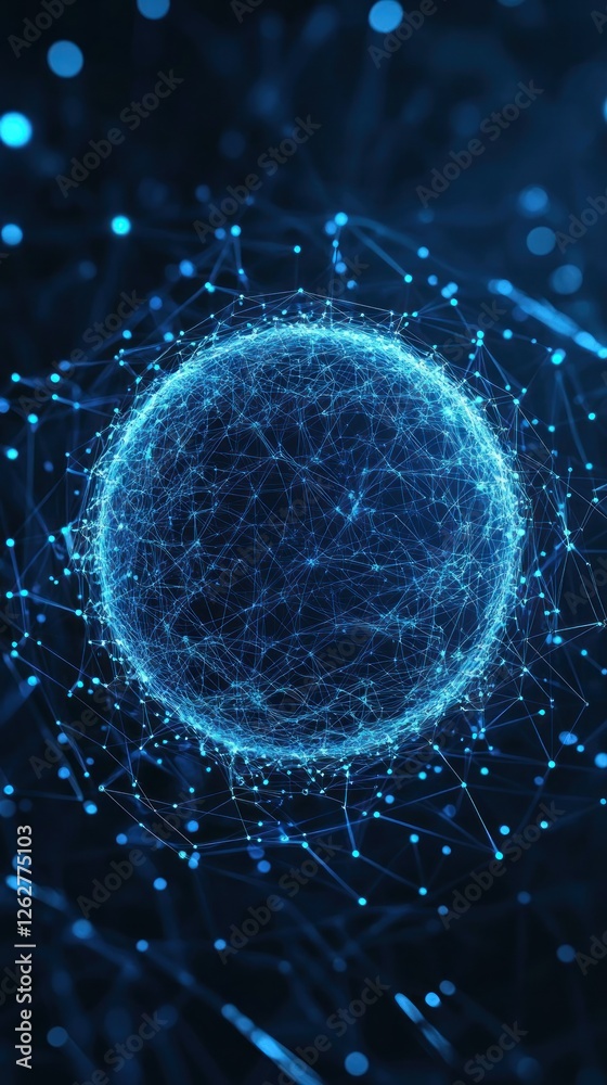 Poster a futuristic digital sphere surrounded by interconnected lines and nodes, representing data flow and