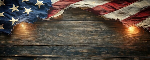 American Flag Draped Over Rustic Wooden Table with Sparklers and Declaration of Independence