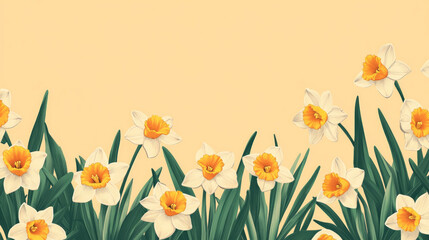 Banner with daffodils below on soft yellow background for St. David's Day with empty space for text. Concept floral composition, greeting card, symbol of spring, National Women's Day