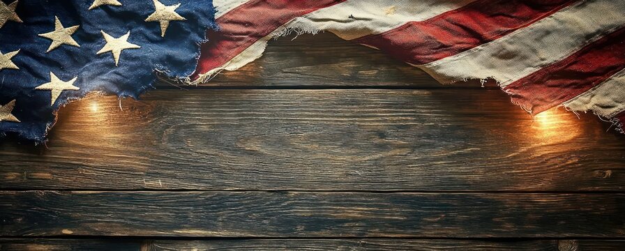 American Flag Draped Over Rustic Wooden Table with Sparklers and Declaration of Independence