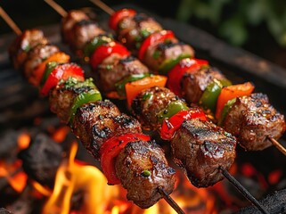 Grilled Meat and Vegetable Skewers on Flames