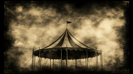 Striking Vintage Circus Tent Under Ominous Skies Portraying a Haunting Sepia Dreamscape Image