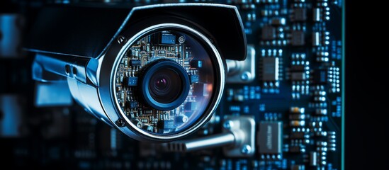 Fototapeta premium Close-up of a high-tech surveillance camera showcasing intricate circuitry and design
