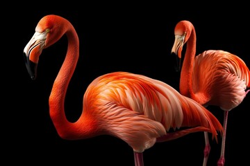 Vibrant Flamingos Standing Gracefully Against a Black Background Showcasing Elegant Details of Plumage