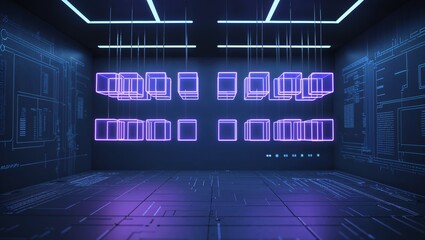 Glowing neon cubes in a dark room, concept: security, technology, databases