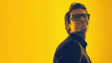 man in glasses looking upward against yellow background