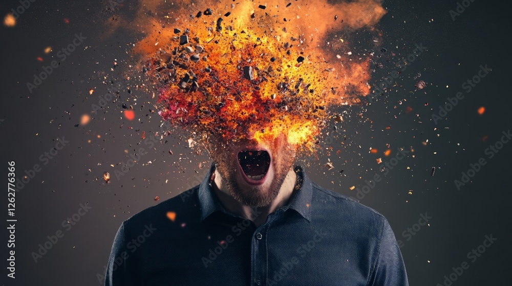 Poster Office worker experiencing burnout syndrome with exploding head from information overload screaming with flames and debris over dark background