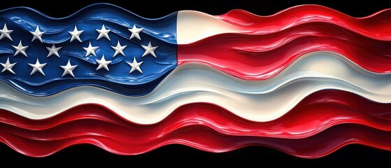 Hyper-realistic Flowing American Flag - 3D Illustration of US Flag with Dramatic Lighting and Dynamic Wave Patterns