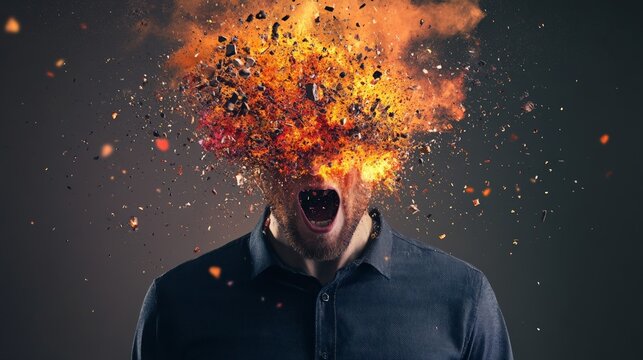 Office worker experiencing burnout syndrome with exploding head from information overload screaming with flames and debris over dark background