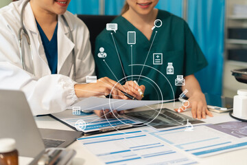 Medical team working on digital tablet healthcare doctor technology tablet using computer analyzed...