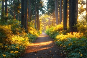 Obraz premium Tranquil Forest Pathway in Golden Hour Lighting Surrounded by Lush Greenery