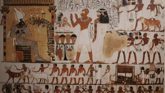 A vivid depiction of an ancient Egyptian funerary procession, showcasing offerings, rituals, and tributes to the gods. The scene reflects the sacred traditions surrounding the journey to the afterlife