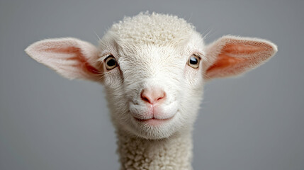 Fototapeta premium Cute lamb portrait, studio shot, grey background, farm animal