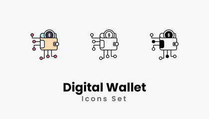 Digital Wallet Icons thin line and glyph vector icon stock illustration