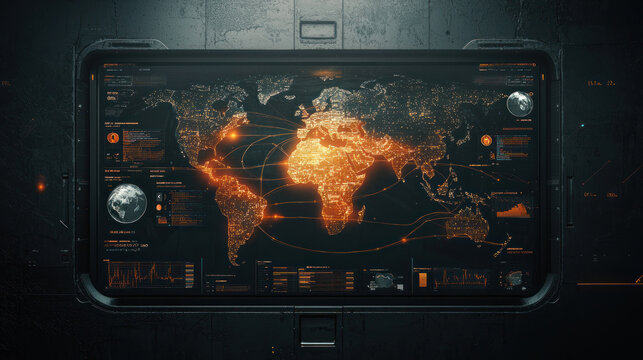 Futuristic global health security dashboard displaying data and analytics