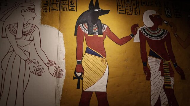 A detailed ancient Egyptian tomb painting depicting Anubis, the god of mummification and the afterlife. The vibrant colors and precise hieroglyphs highlight the sacred burial rituals.