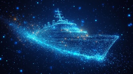 Blue Technology Background, Digital Boat, Abstract Watercraft, Lines, Connected Dots, Triangles