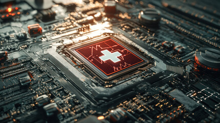 Obraz premium High tech global health security badge on circuit board, symbolizing innovation and safety