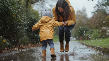 Joyful mother and child jumping in puddles park lifestyle photography rainy day playful mood family bonding activity