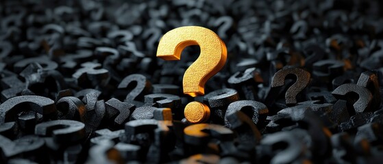 Golden Question Mark Surrounded by Black Question Marks in Surrealist Style with Chiaroscuro Lighting