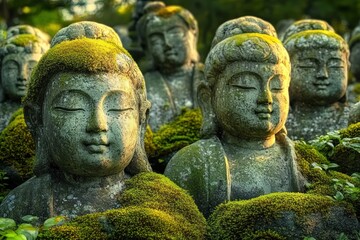 Fototapeta premium Moss Covered Stone Statues in Japanese Garden at Otagi Nenbutsu ji Temple in Kyoto Japan