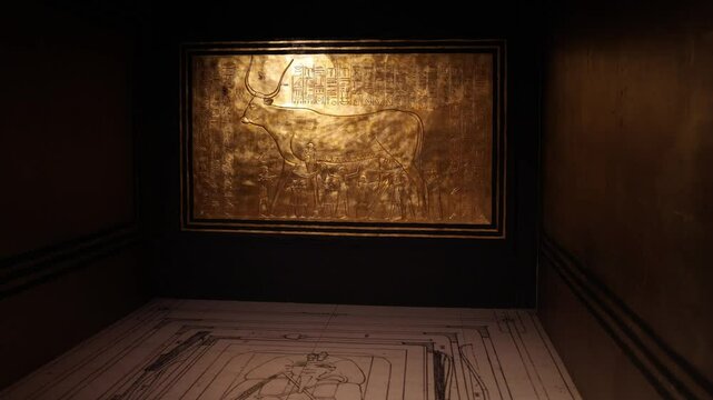 A golden relief in an ancient Egyptian tomb depicting the Apis bull, a sacred symbol of strength and divinity. The intricate carvings and hieroglyphs highlight the significance of ritual processions.